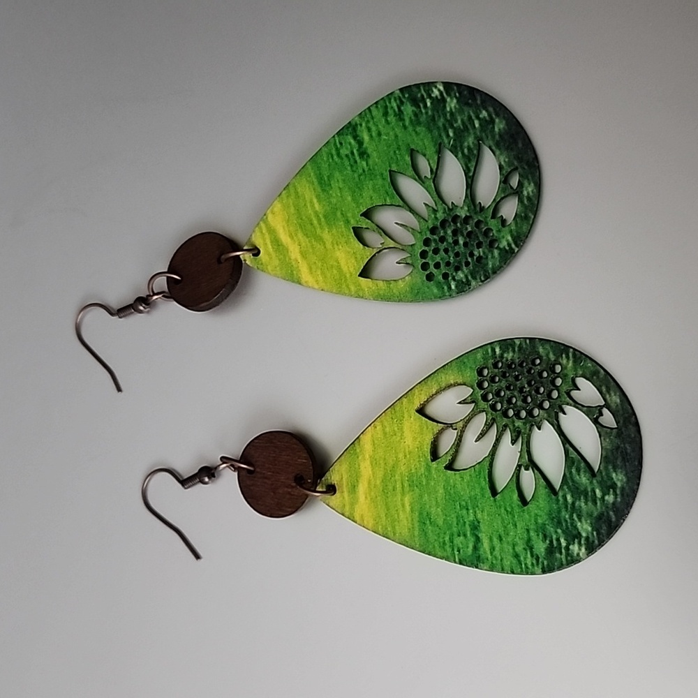 Wood Cutout Colorful SunFlower  BOHEMIAN  Disc/Teardrop Lightweight Ear